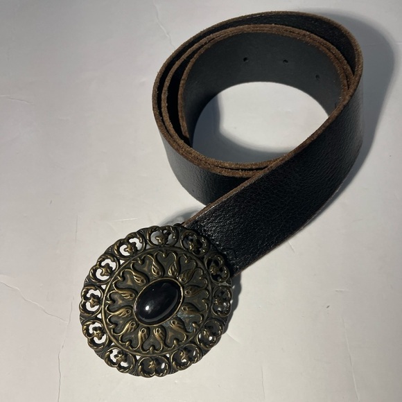 Brown Leather Belt 3” Bronze Buckle w/ Glass Jewel Women's Medium - Picture 1 of 12